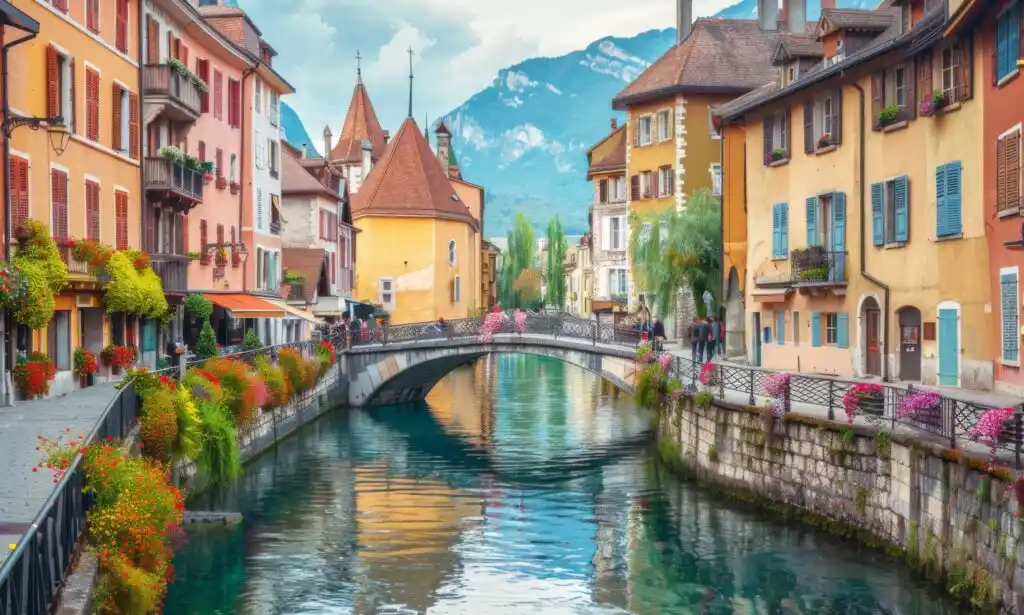 Vue pittoresque de la vieille ville d'Annecy avec le canal du Thiou, un pont fleuri et le Palais de l'Isle en arrière-plan.