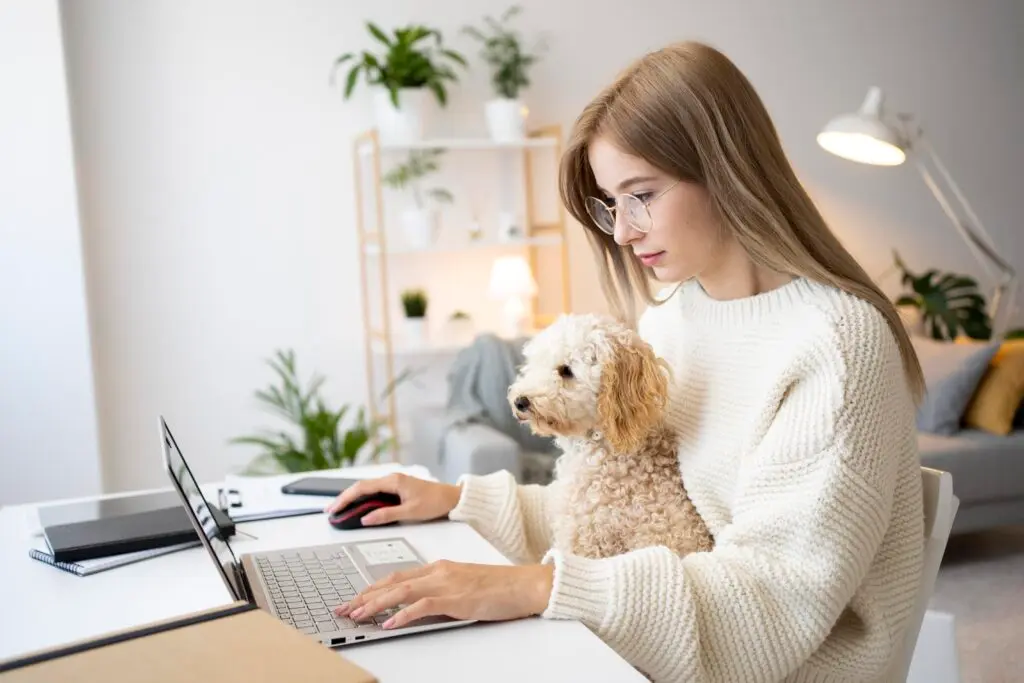 Jeune femme en télétravail avec son chien sur les genoux, travaillant sur un ordinateur portable dans un intérieur cosy et moderne.