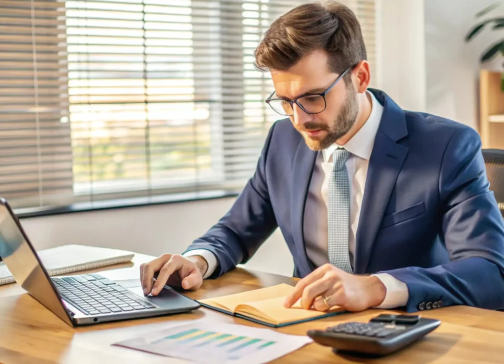 Personne en formation gestion et comptabilité à Ecoris, utilisant une calculatrice et des documents fiscaux sur un bureau pour effectuer un calcul de taxes.