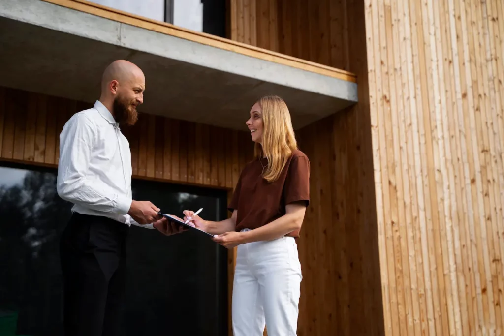 Deux personnes en rendez-vous devant une maison, signant des documents immobiliers.