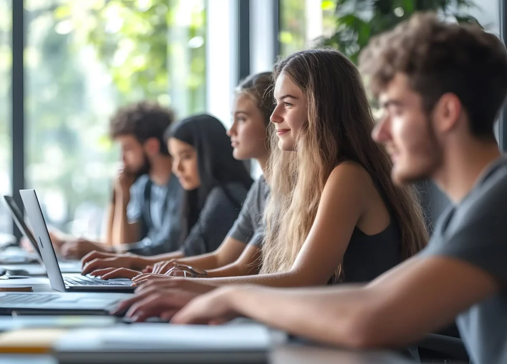 Groupe d’apprenants en formation commerce et gestion à Ecoris, travaillant ensemble sur leurs ordinateurs portables dans une salle de classe moderne.