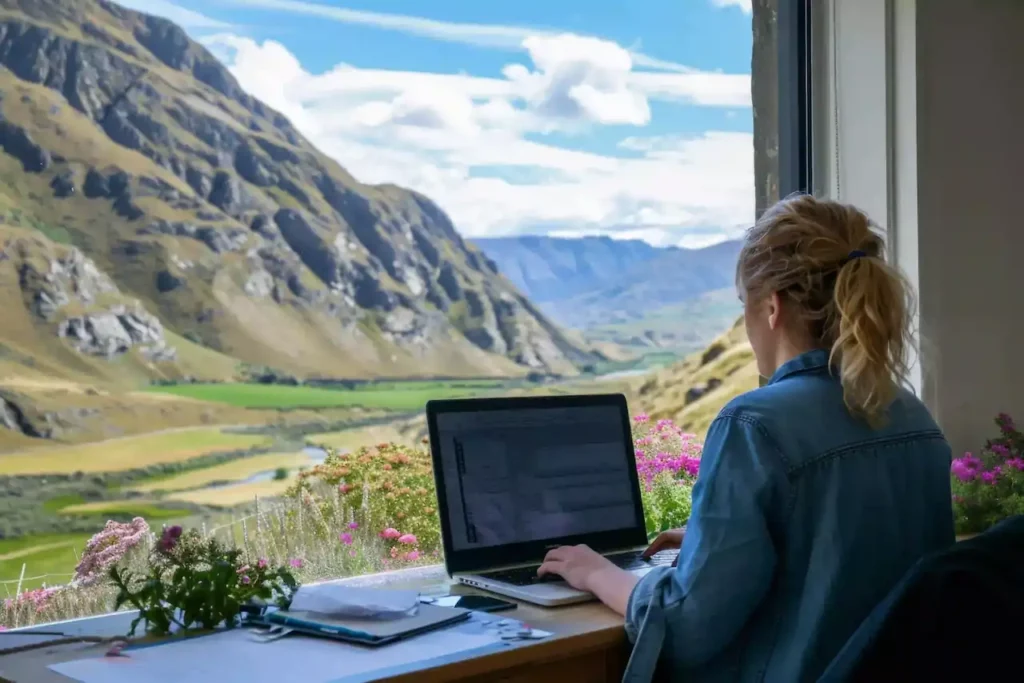 Groupe de jeunes adultes issus de formations Ecoris, travaillant à distance depuis des destinations paradisiaques, illustrant le mode de vie des digital nomads.