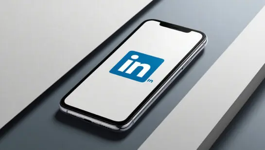 Smartphone affichant le logo LinkedIn sur un fond minimaliste