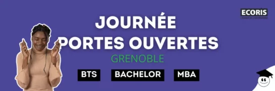 Bannière promotionnelle pour la Journée Portes Ouvertes d'ECORIS à Grenoble, mettant en avant les formations BTS, Bachelor et MBA