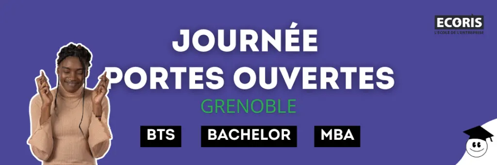 Bannière promotionnelle pour la Journée Portes Ouvertes d'ECORIS à Grenoble, mettant en avant les formations BTS, Bachelor et MBA