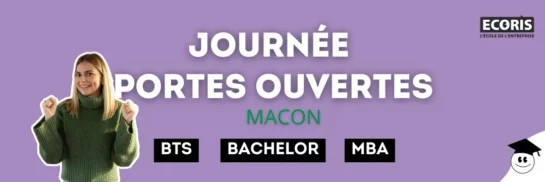 Bannière de la Journée Portes Ouvertes d'Ecoris à Mâcon, présentant les formations BTS, Bachelor et MBA, avec une étudiante enthousiaste.