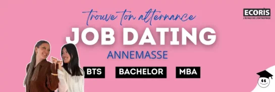 Visuel promotionnel du Job Dating d’Ecoris Annemasse 2025, mettant en avant les formations BTS, Bachelor et MBA sur fond rose, avec deux jeunes femmes souriantes.