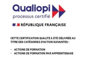 Logo de la certification Qualiopi avec mention de la République Française, indiquant une reconnaissance de la qualité des actions de formation et d’apprentissage.