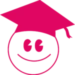 Icône rose d'un visage souriant portant un chapeau de diplômé, symbolisant la réussite scolaire et la remise de diplômes.