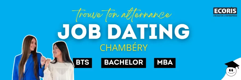 Visuel promotionnel du Job Dating d’Ecoris Chambéry 2025, mettant en avant les formations BTS, Bachelor et MBA sur fond bleu, avec deux jeunes femmes souriantes.
