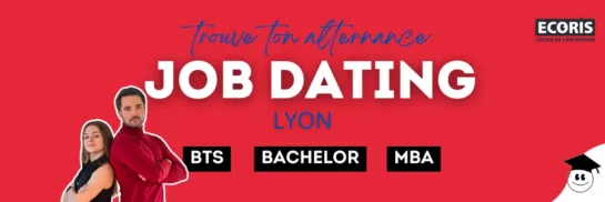 Visuel promotionnel du Job Dating d’Ecoris Lyon 2025, mettant en avant les formations BTS, Bachelor et MBA sur fond rouge, avec deux jeunes en posture confiante.