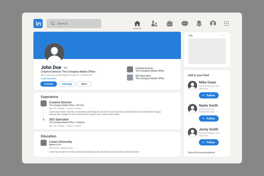 Capture d’écran d’un profil LinkedIn fictif avec expérience, formation et suggestions de contacts, sur fond gris.